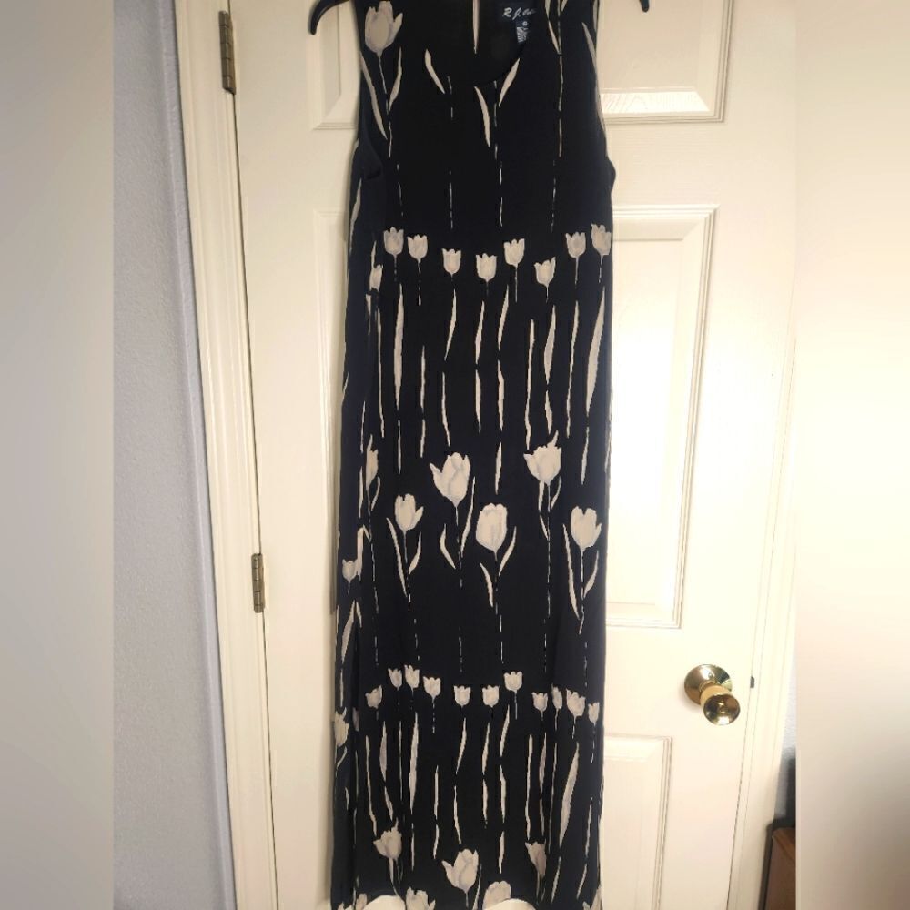 R.J. Collection L BlackWhiteFloral Print 100% SILK Slless Lined Women Maxi Dress